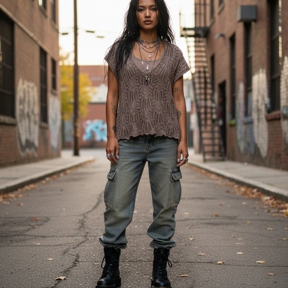 Eight Eight‎ Eight M Taupe Crochet Top Boho Summer Retro Y2K Grunge 100% Cotton - Picture 5 of 10